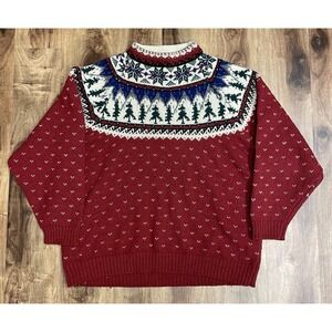 Eddie Bauer Vintage 90's Fair Isle Nordic Wool Sweater Red/Blue Snowflake Men M